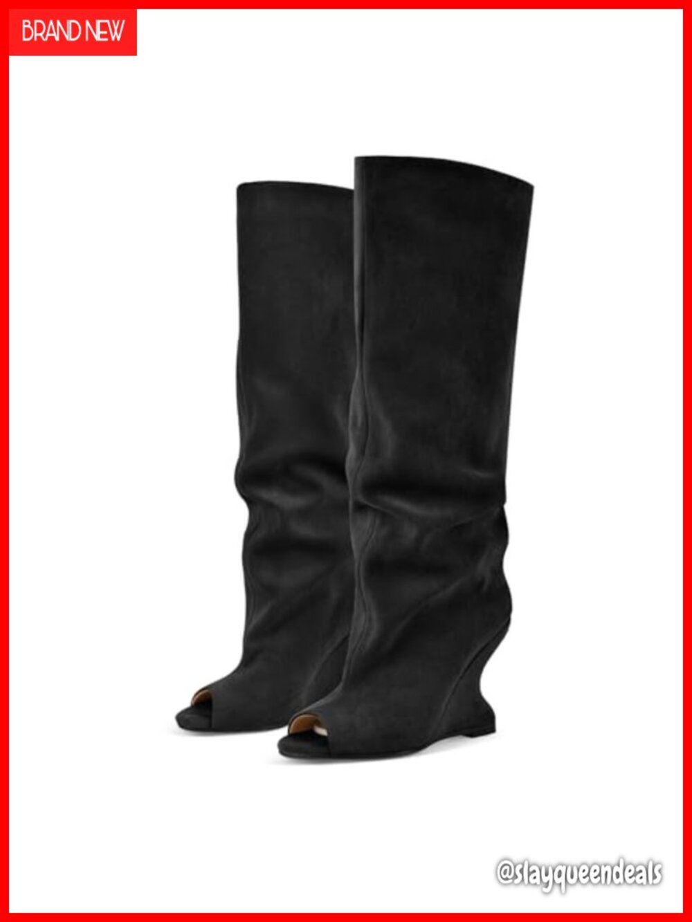 Wedge Knee High Sandal Boots Peep Toe Slouchy Pull On High Heels Faux Suede